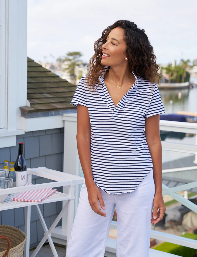 CHARLOTTE Short Sleeve Polo in White & Navy French Stripe