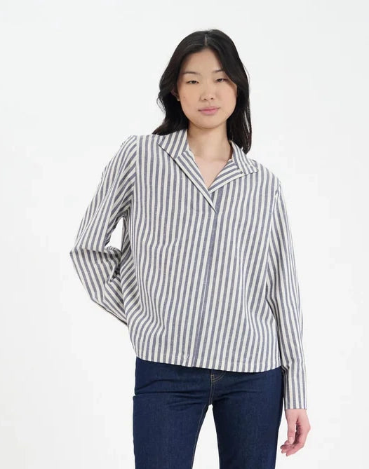 NOA Collard Blouse in Blue Stripe