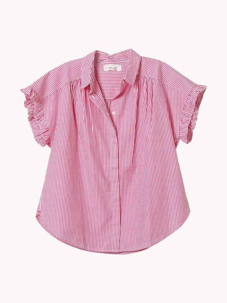 NOAH Ruffle Short Sleeve Blouse in Berry Pink Stripe