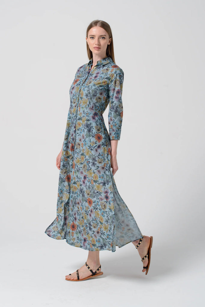 BROOKE Floral Long Sleeve Maxi Shirt Dress in Marlin