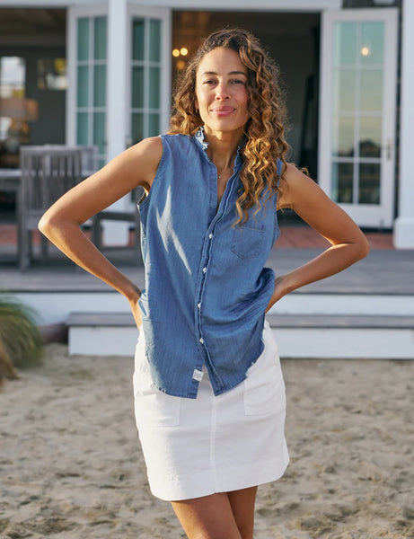 FIONA Ruffle Sleeveless Denim Shirt in Vintage Stonewash Indigo FIONA Ruffle Sleeveless Denim Shirt in Vintage Stonewash Indigo