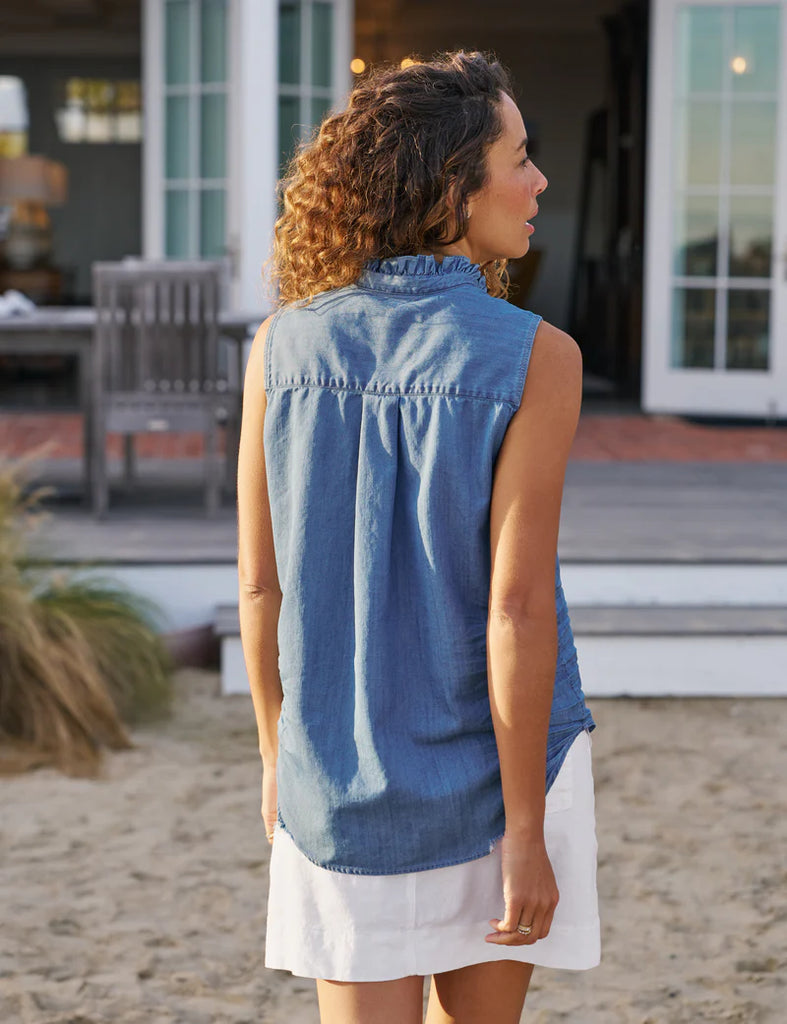 FIONA Ruffle Sleeveless Denim Shirt in Vintage Stonewash Indigo