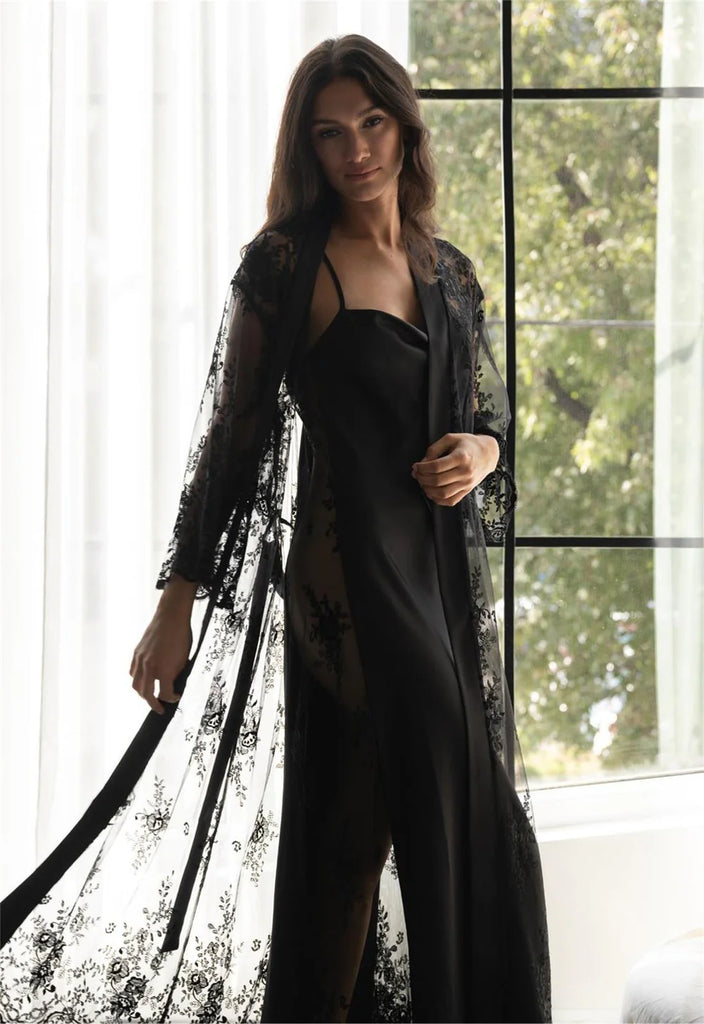 DARLING Long Lace Robe in Black