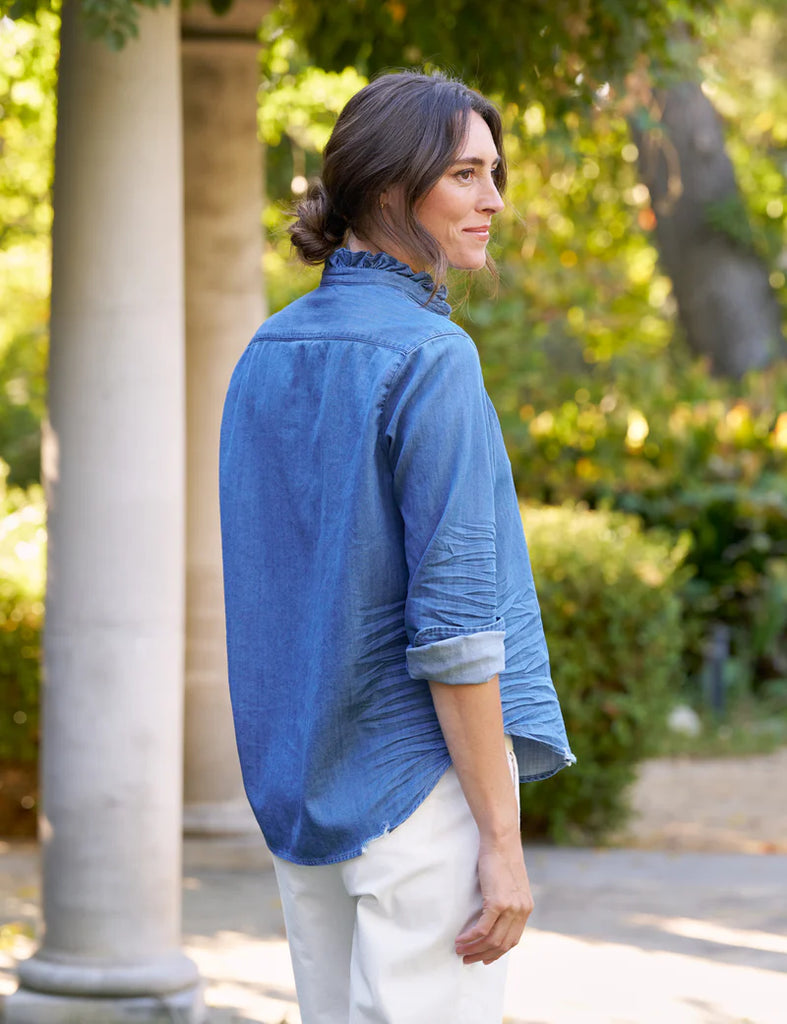 EILEEN Ruffle Denim Button Down in Vintage Stonewashed Indigo