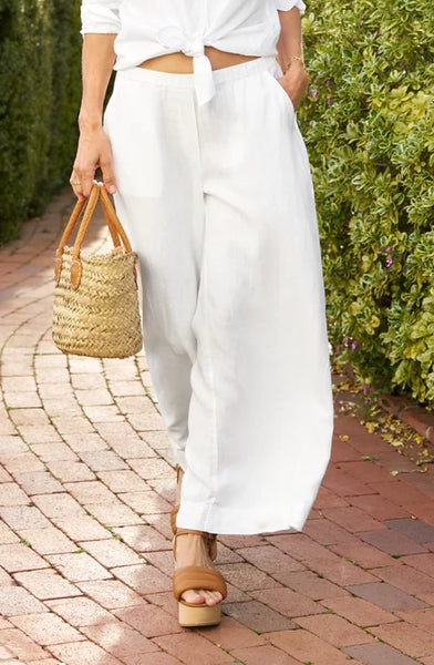 MAISIE Washed Linen Pull On Wide Leg Pants in White