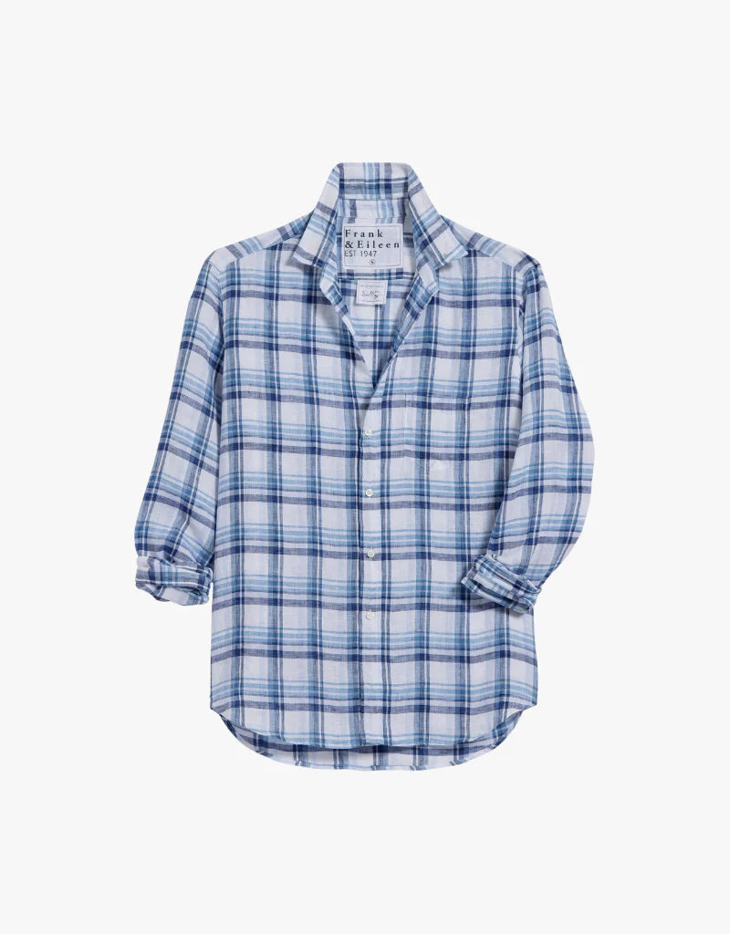 EILEEN Linen Button Down Shirt in White/Blue Plaid