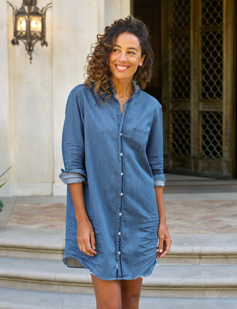 MARY Ruffle Denim Shirt Dress in Vintage Stonewashed Indigo