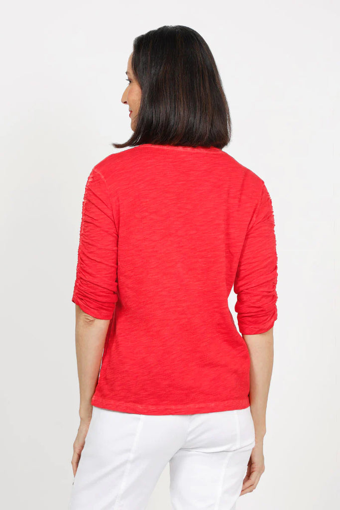 Crew Neck Ruched 3/4 Sleeve Tee in Poppy