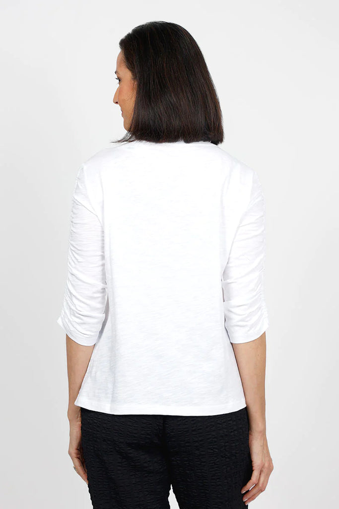 Crew Neck Ruched 3/4 Sleeve Tee in White