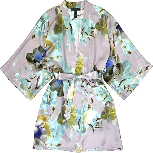 CLASSIC Silk Short Kimono Robe in Ice Bloom