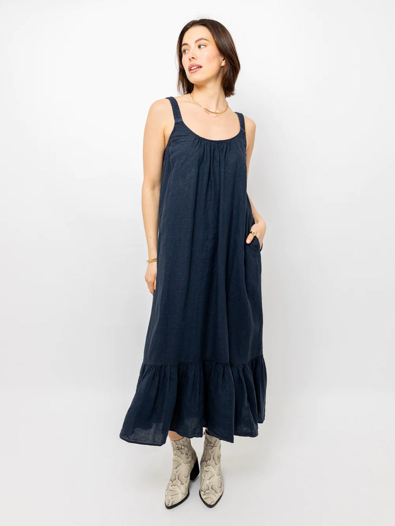 ELARA Linen Tiered Tank Dress in Copen