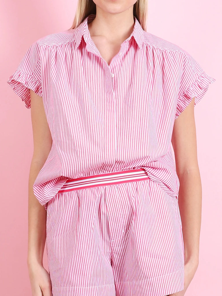 NOAH Ruffle Short Sleeve Blouse in Berry Pink Stripe