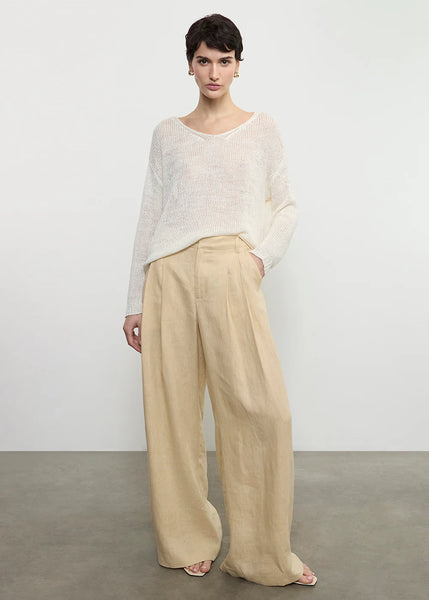 Linen Open Knit Soft V-Neck Sweater in White