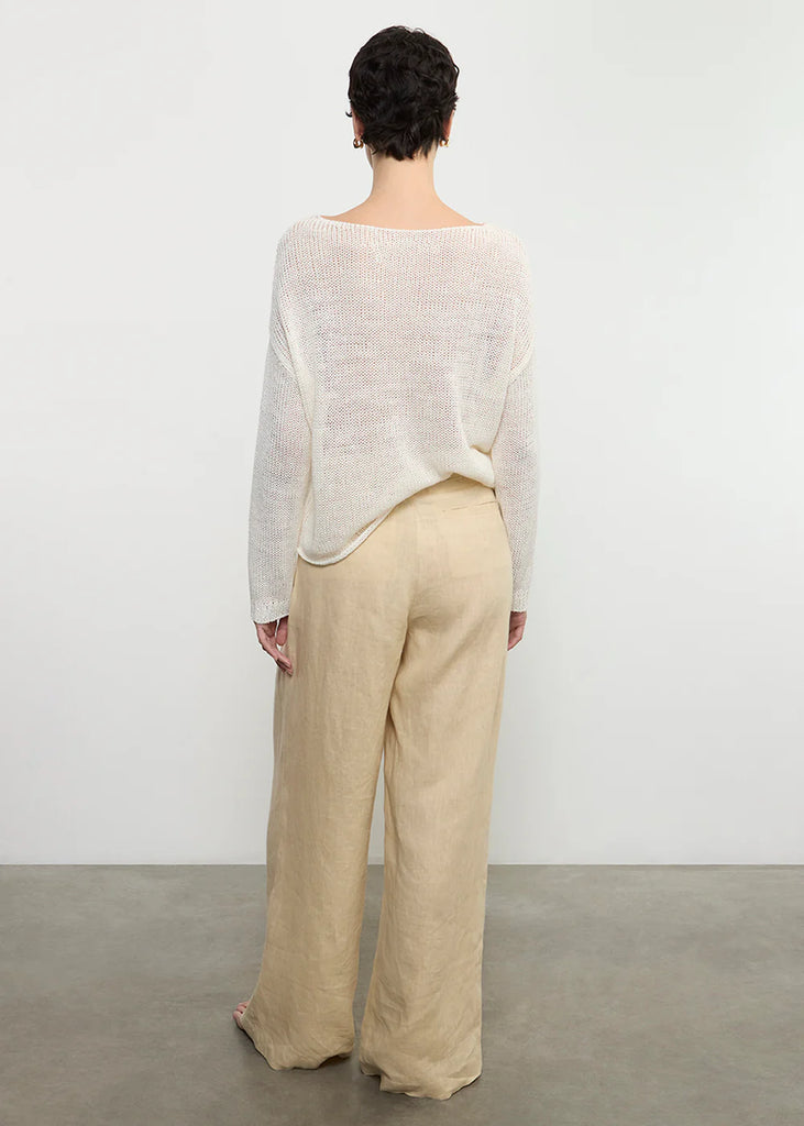 Linen Open Knit Soft V-Neck Sweater in White