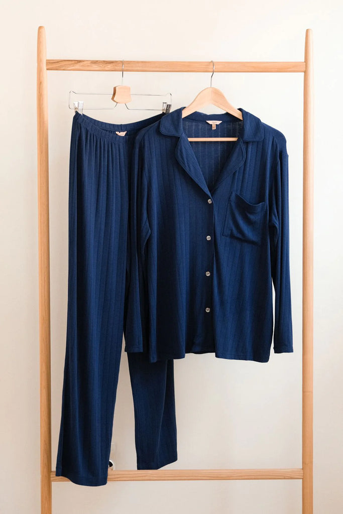 GISELE Ribbed Long PJ Set in Navy
