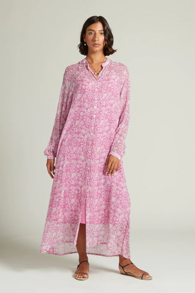 Silk Long Sleeve Button Down Maxi Dress in Mulberry