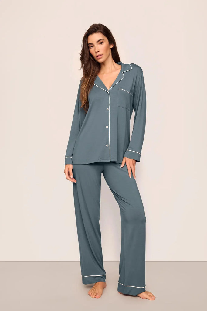 GISELE Long PJ Set in Stone Blue/Ivory