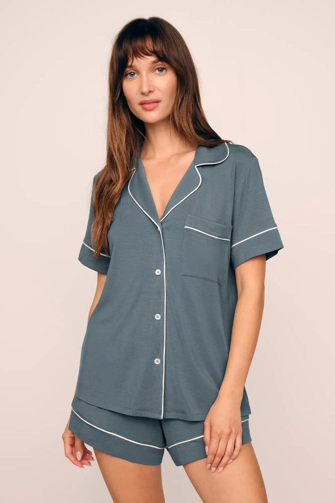 GISELE Relaxed Short PJ Set in Stone Blue/Ivory
