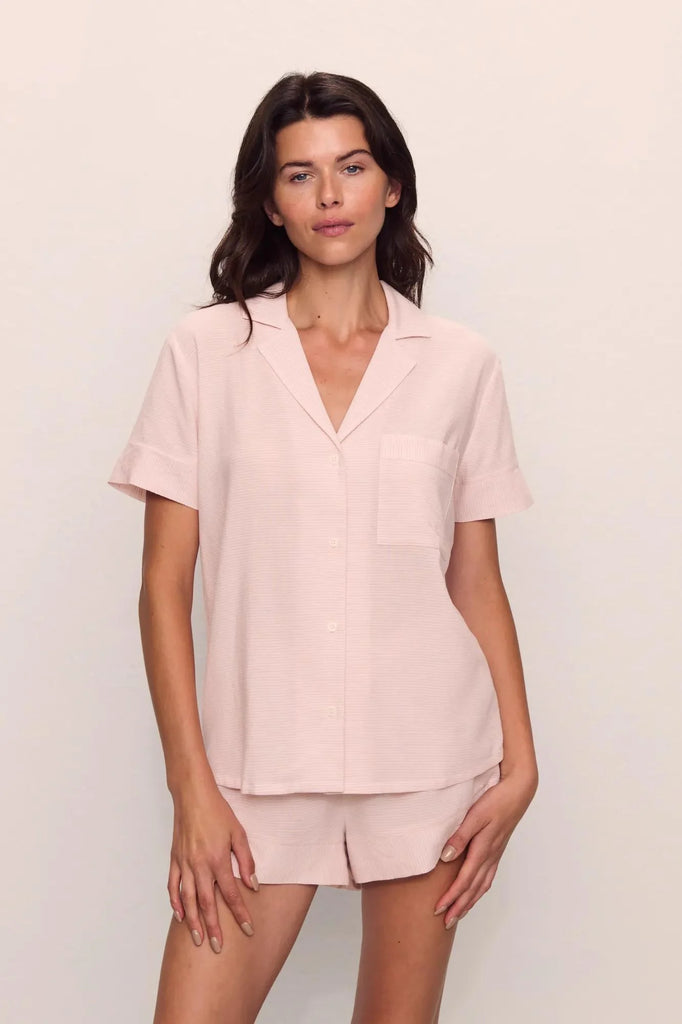 NAUTICO Woven Short PJ Set in Feeder Stripes Pale Mauve