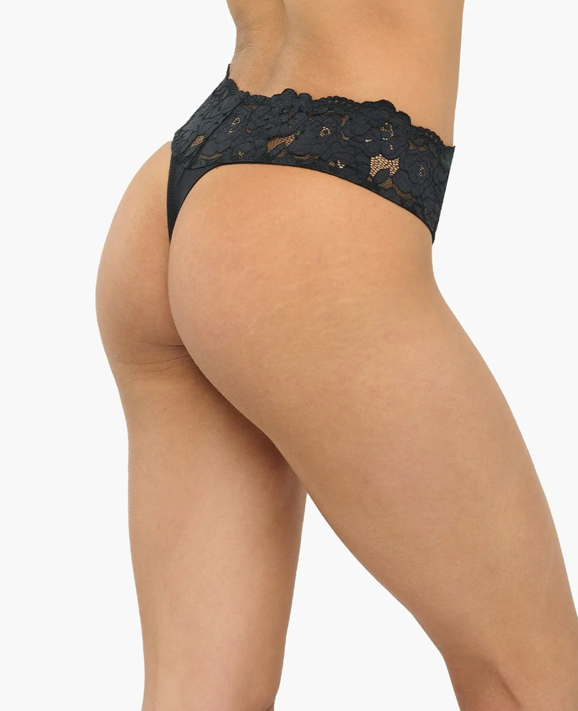 ROMANZA Cotton & Lace Thong in Black