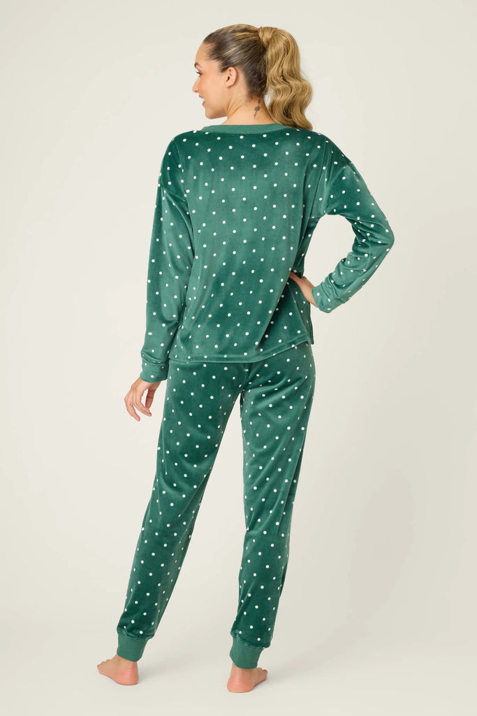 GET TOASTY Velour Dot Print Long PJ Set in Dark Forest
