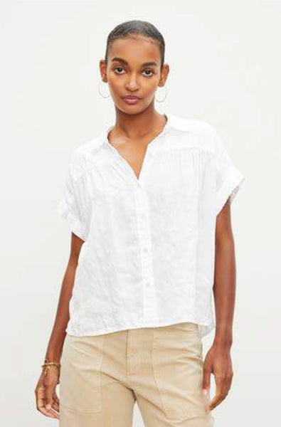 ARIA Linen Short Sleeve Blouse in White