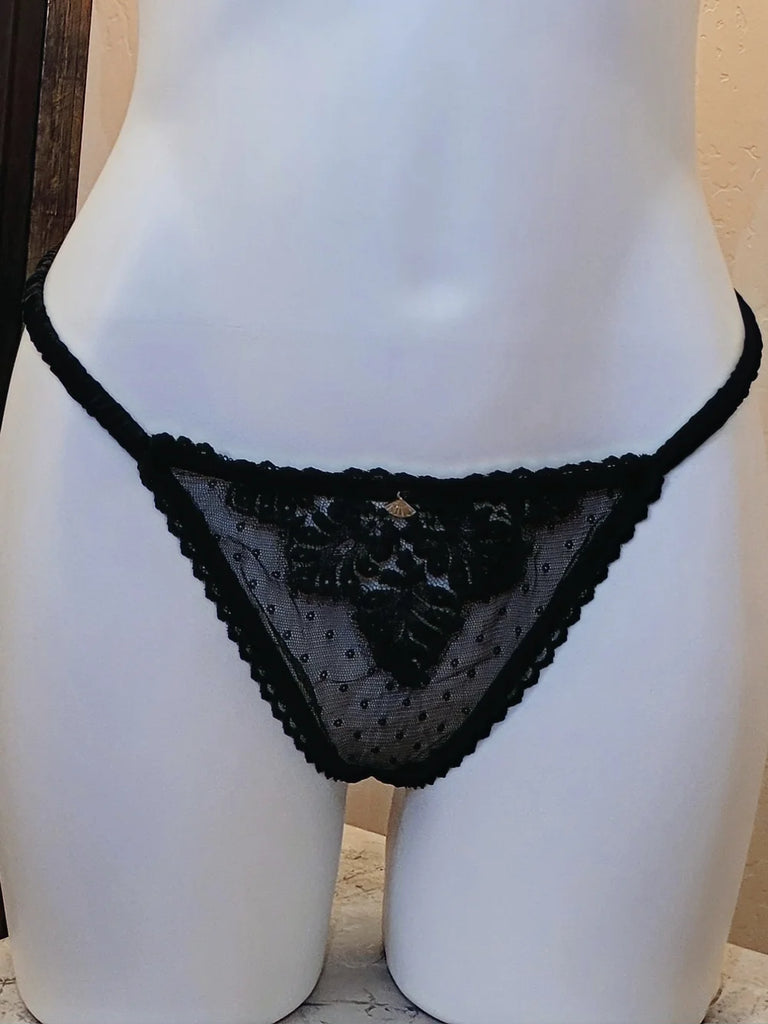 NELLY Silk & Lace Thong in Black