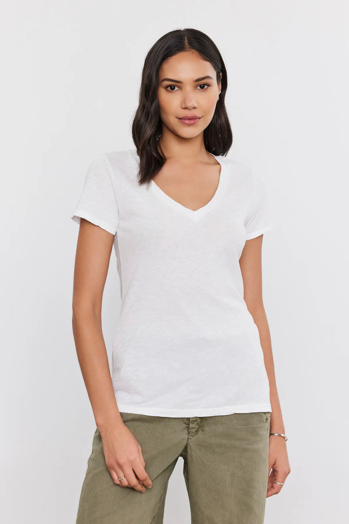 LILITH V-Neck Cotton Slub Tee in White
