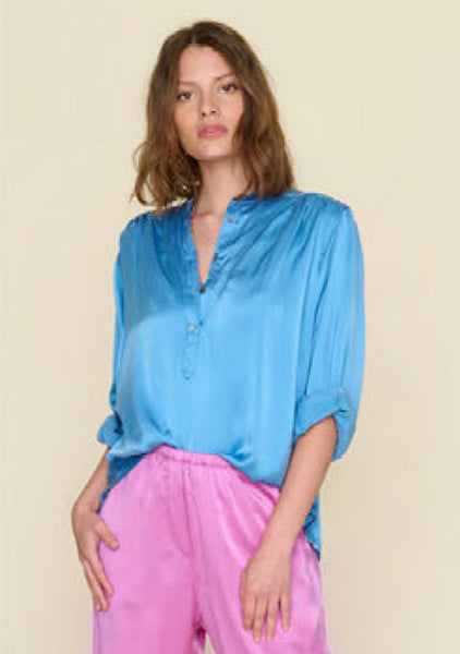 GREER Silk Long Sleeve Blouse in Blue Pearl