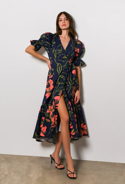 CORINA Puff Sleeve Wrap Dress in Three Tone Floral