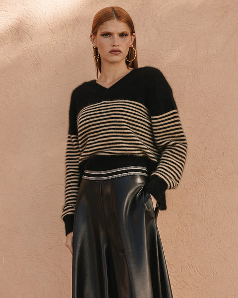 RINA Wool Striped Sweater in Black/Camel