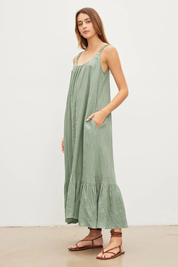 ELARA Linen Tiered Tank Dress in Aloe