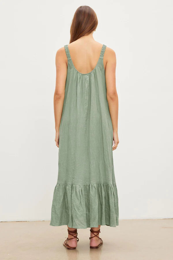 ELARA Linen Tiered Tank Dress in Aloe