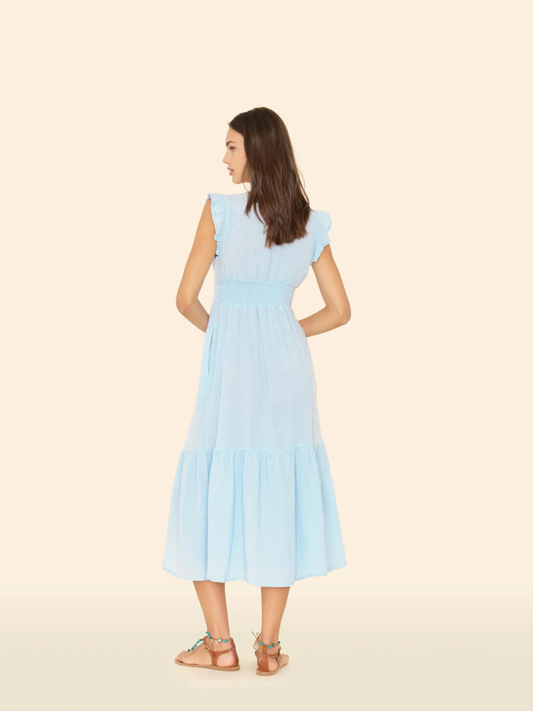 DAVANA Ruffle Shoulder Gauze Dress in Blue Mist