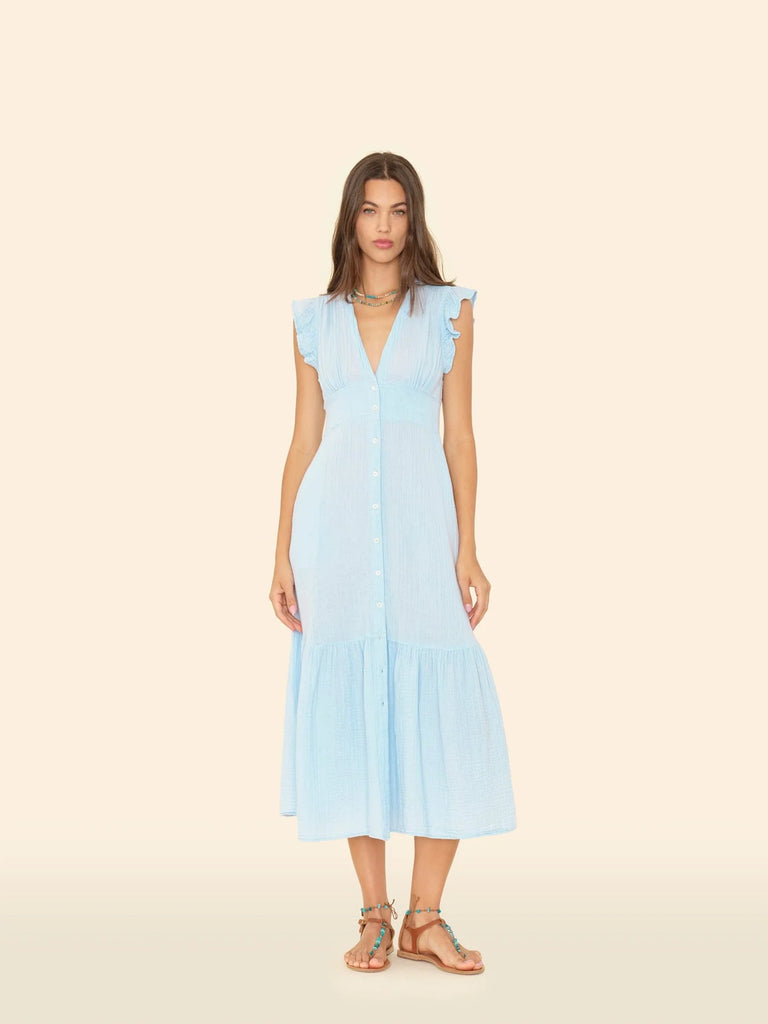 DAVANA Ruffle Shoulder Gauze Dress in Blue Mist