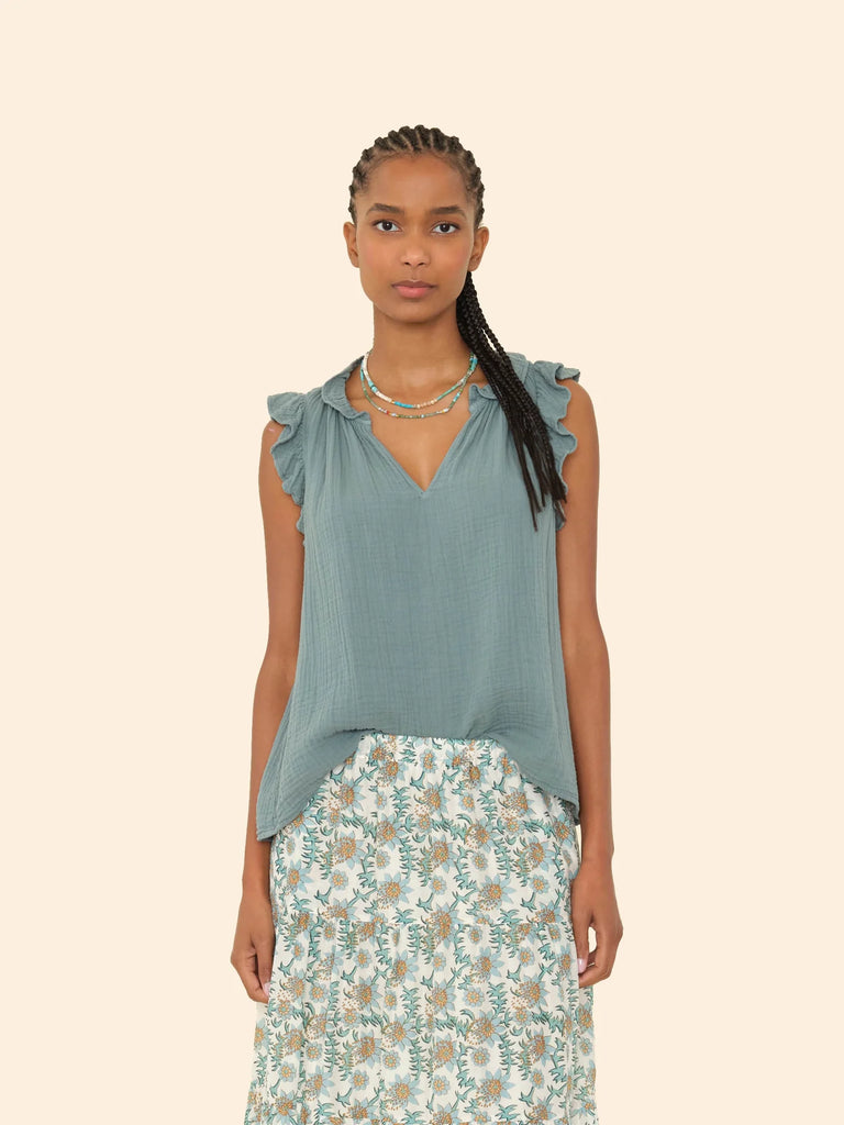 BEX Sleeveless Ruffle Gauze Top in Dusty Sage