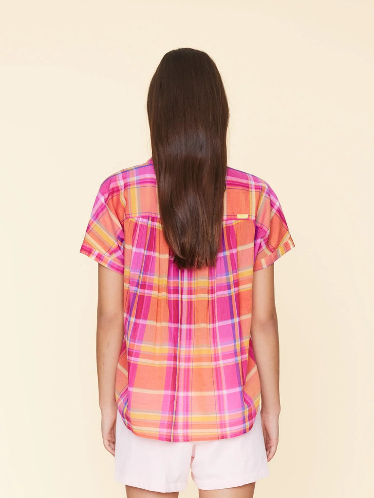 PAXTON Shirred Plaid Short Sleeve Shirt in Coral Blaze