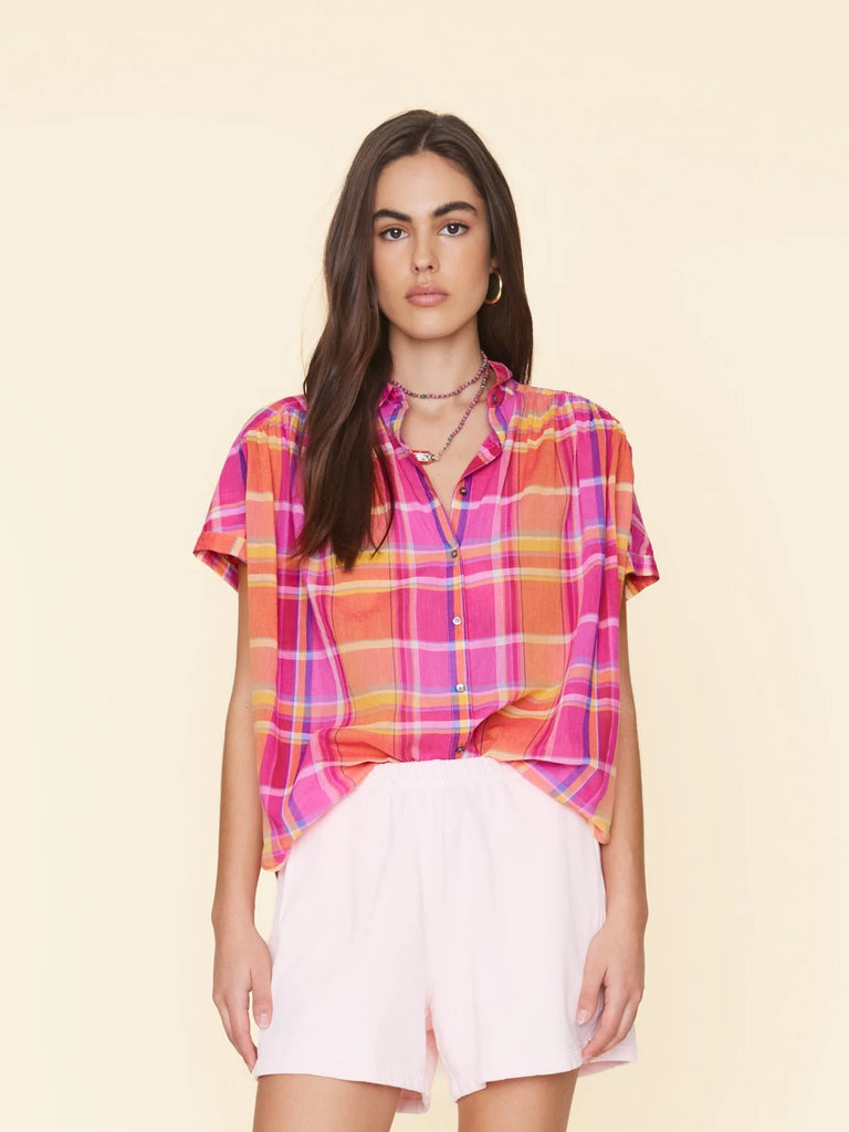 PAXTON Shirred Plaid Short Sleeve Shirt in Coral Blaze