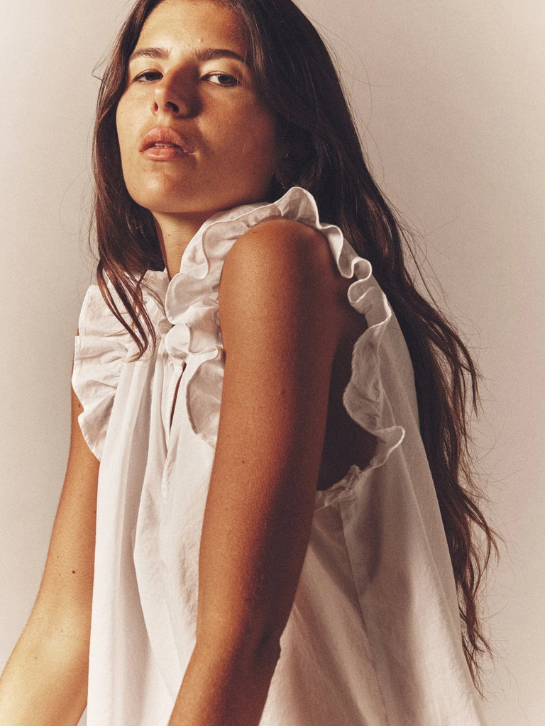 BEX Sleeveless Ruffle Top in White