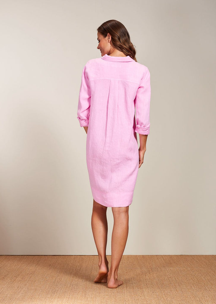 GRACIA NEW Long Sleeve Linen Dress in Neon Pink