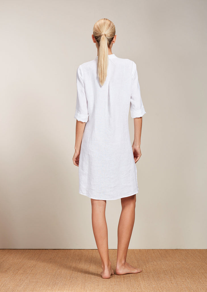 SOULIN 3/4 Sleeve Pintuck Linen Dress in White