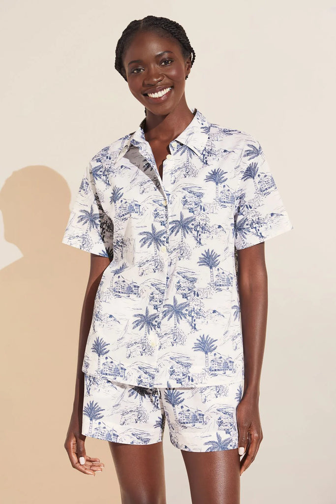 Organic Cotton Woven Short PJ Set in Riviera Toile/Coastal Blue