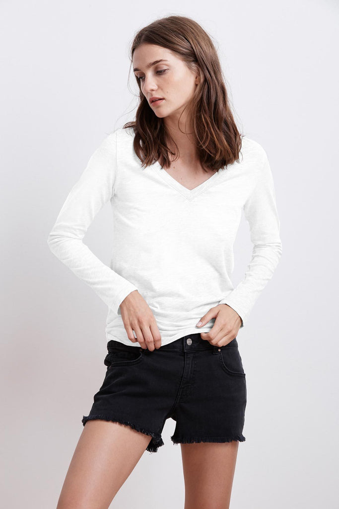 BLAIRE V-Neck Cotton Slub L/S Tee in White