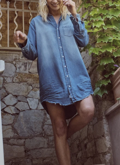 MARY Denim Shirt Dress in Distressed Vintage Wash