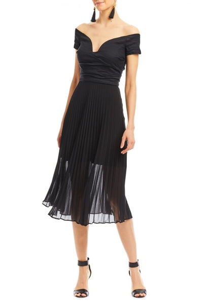 Off-Shoulder Pleated Dress in Black