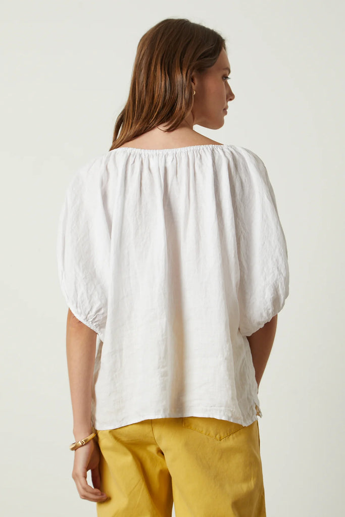 JANINE Short Sleeve Peasant Top in White