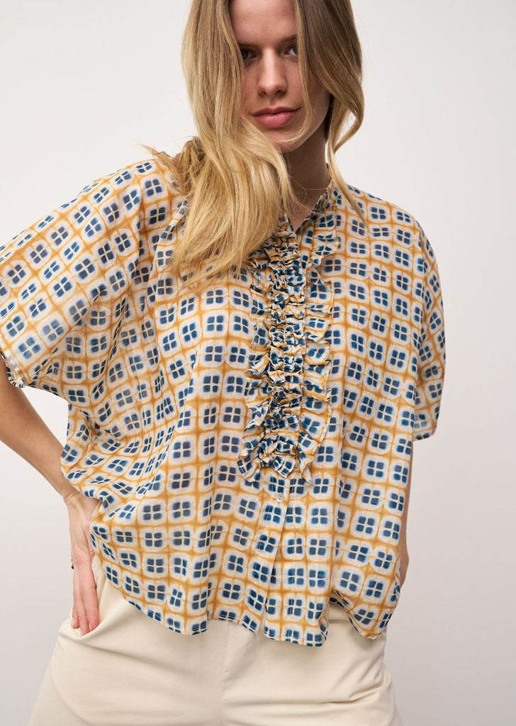 DAISY Short Sleeve Ruffle Front Blouse in Blue/Yellow Squares