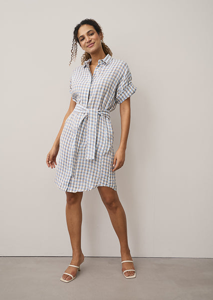 DERBY Short Sleeve Linen Shirt Dress in Blue/Tan