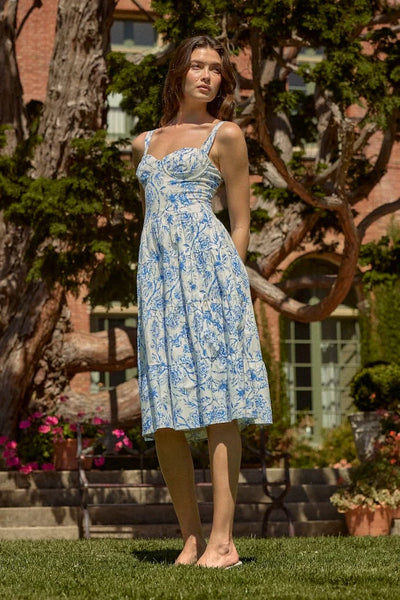 NAOMI Corset Top Dress in White/Blue Inked