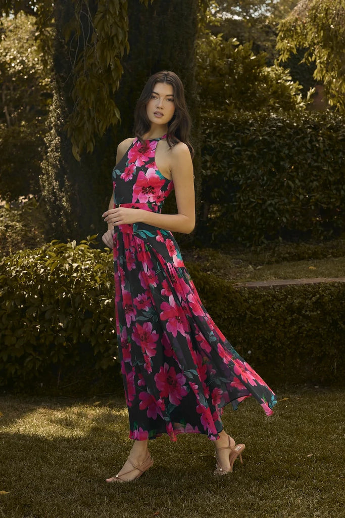 ABBEY Maxi Dress in Navy/Raspberry Watercolor Bloomed Floral